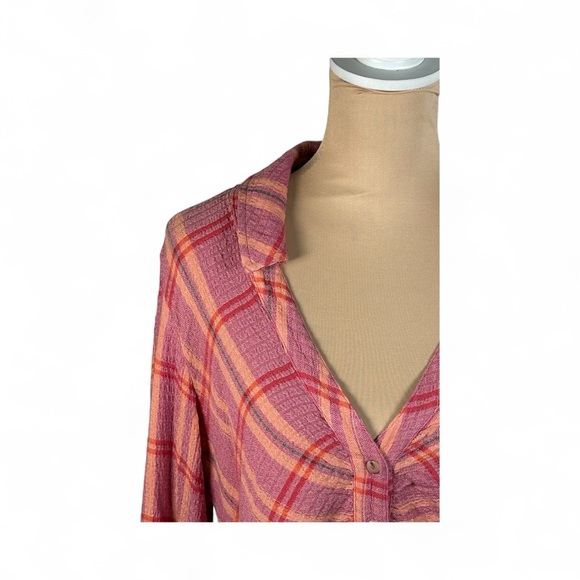 ANTHROPOLOGIE PILCRO RUCHED DEEP V- NECK PLAID BUTTON UP SHIRT SIZE LP - Picture 8 of 13